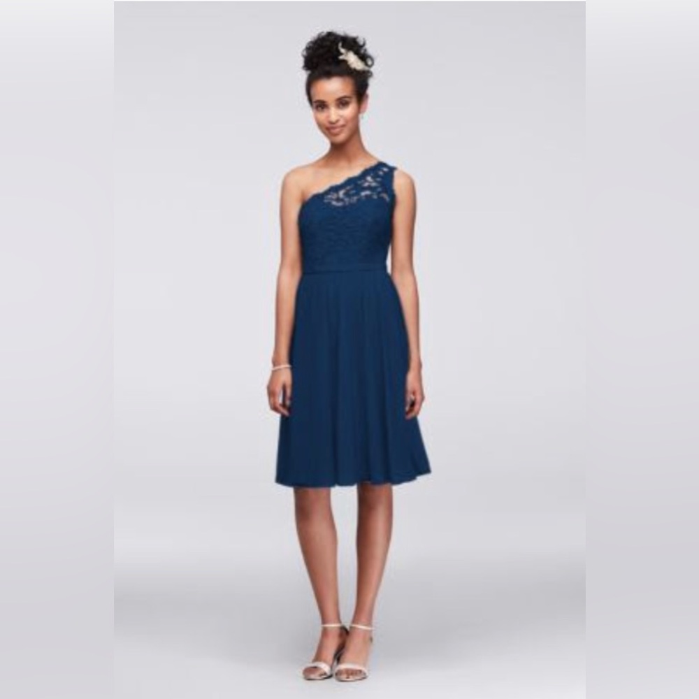 Beautiful lace one shoulder navy bridesmaid dress!